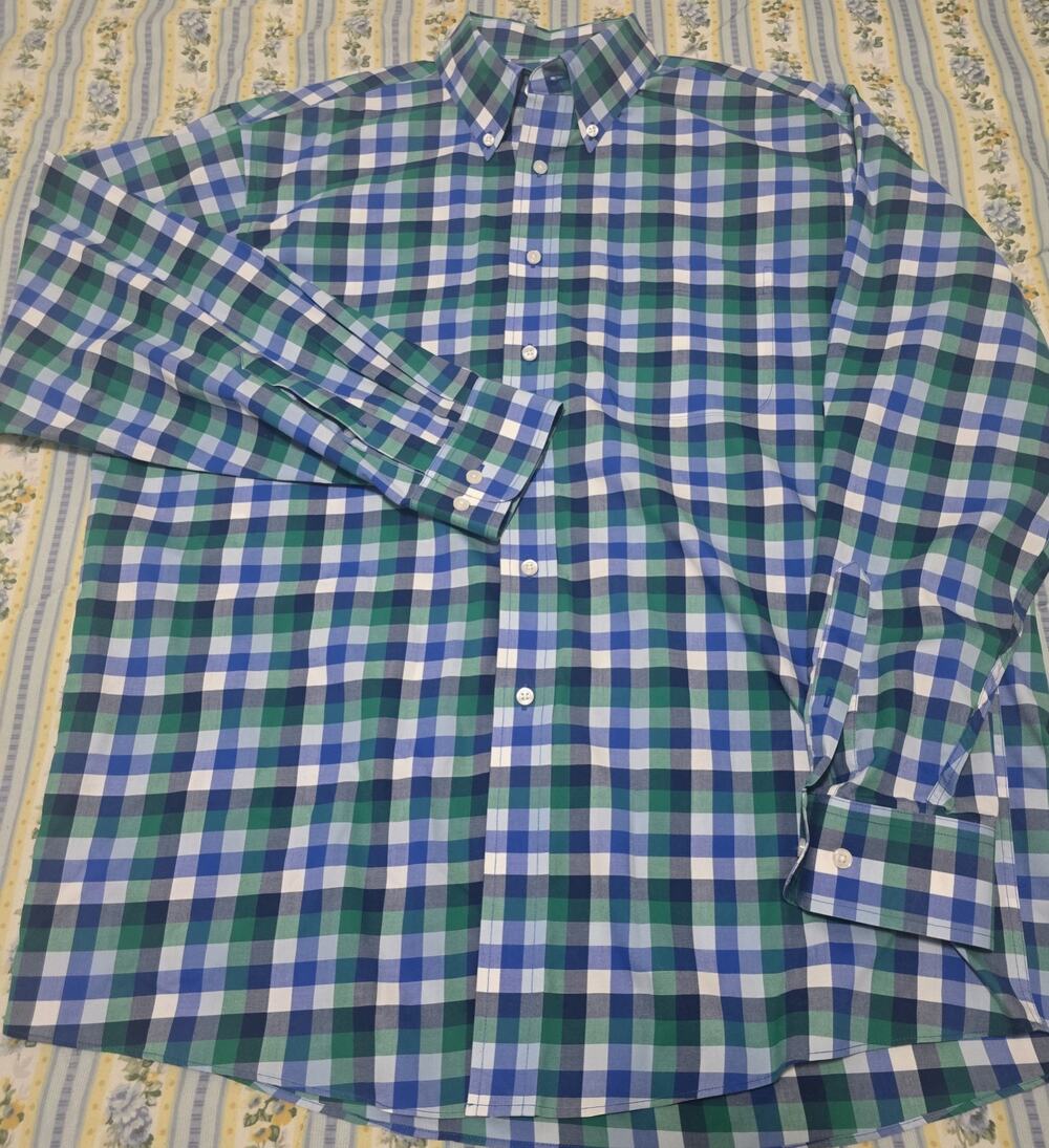 Jos A Bank Travelers Collection Mens Large Green Blue Plaid Button Down Shirt